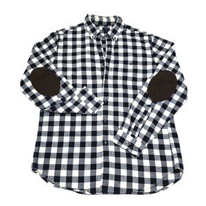 J Crew Mens Black Check Button Down Shirt Long Sleeve Elbow Patches Size‎ L